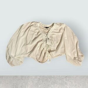 Naked Wardrobe Hers &Mine Ruched Blouse Tie‎ Front Balloon Sleeve Top White M